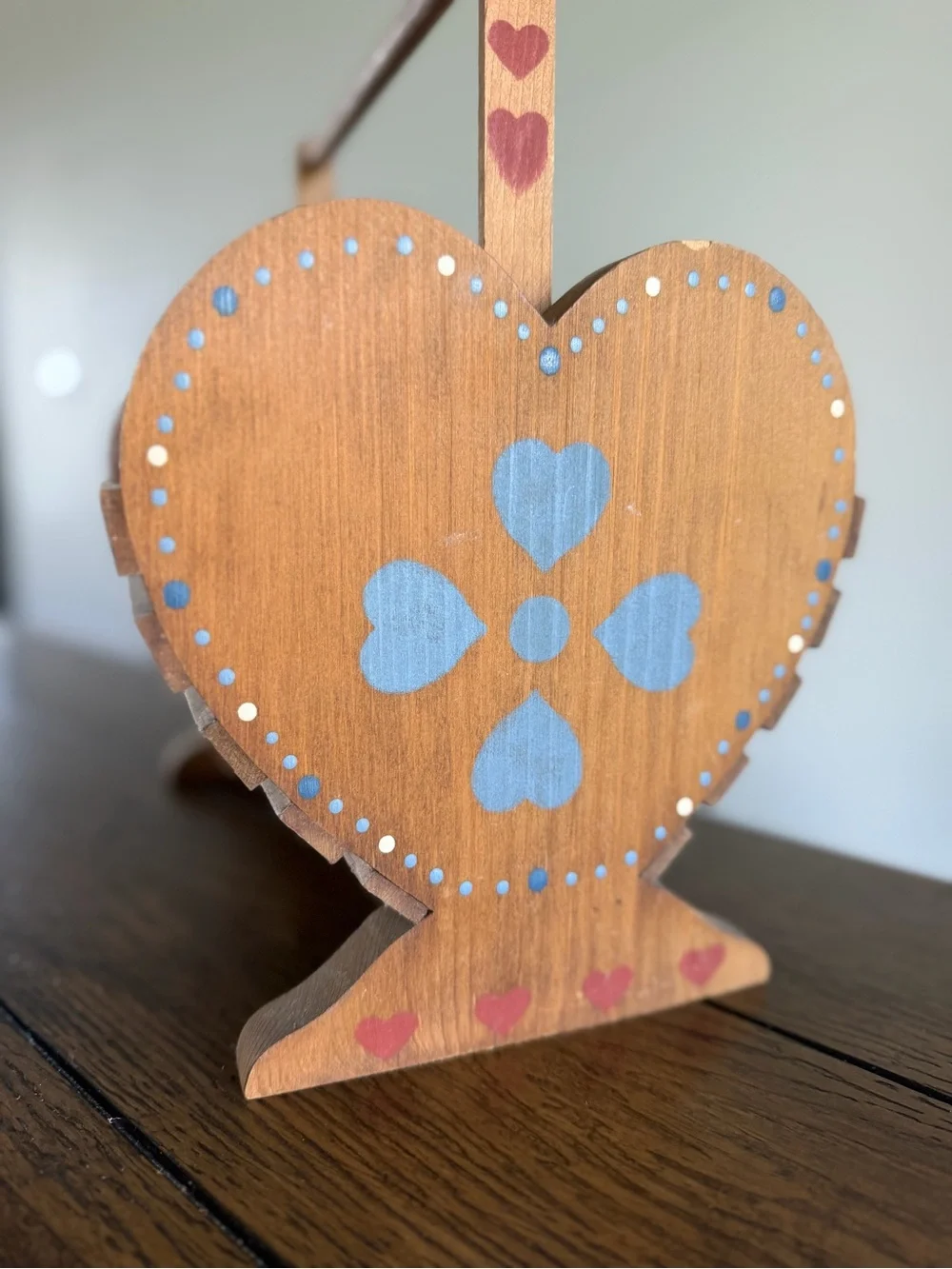 Vintage Wooden Heart Slat Basket Caddy Handle Blue Folk Art Stencil Cottagecore